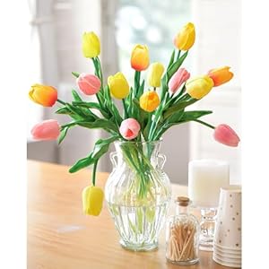 Fiveseasonstuff 15 stems real touch artificial tulipslifelike faux flowers for home weddings gifts spring floral decor festive bloomorange yellow pink  urban country home decor