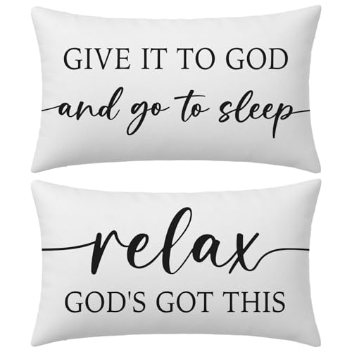 HERHOME Decorative Throw Pillow Covers 12x20 Inch Set of 2 – White Christian Lumbar Pillowcase – Give It to God and Go to Sleep/Relax God’s Got This – Faith Bedroom Bed Decor for Women