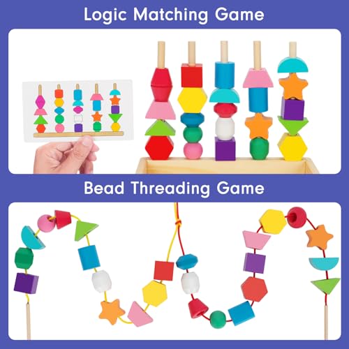 TooyBing Montessori Wooden Lacing Beads Toys for 2 3 4 Year Old Toddler Kids, Sequencing & Stacking Block Toy with Storage Box, STEM Preschool Learning Toys, Christmas Birthday Gifts for Boys Girls - Thumbnail 6
