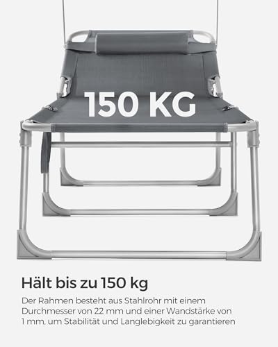 SONGMICS Sonnenliege, klappbarer Liegestuhl, 193 x 53 x 29 cm, trägt bis zu 150 kg, Sonnenschutz, Kopfkissen, verstellbare Rückenlehne, für Garten, Pool, Terrasse, dunkelgrau GCB19UV1