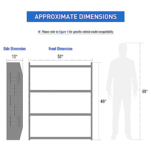 AA Products Inc. SH-4605 Steel Low/Mid/High Roof Van Shelving Storage System Fits Transit, GM, NV, Promaster, Sprinter and Metris, Contoured Shelving Unit, 52" W x 46" H x 13" D