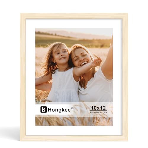 Hongkee 10x12 Picture Frame Made of Solid Wood with Real Glass Display Pictures 8x10 with Mat or 10 x 12 without Mat - Wall and Tabletop (Natural 1 Pack)