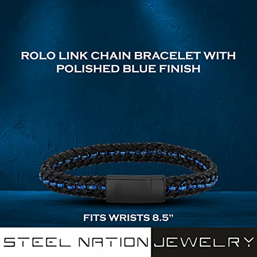 Stainless Steel And Black Faux Leather 8-1/2" Rolo Link Chain Bracelet With Polished Blue Finish #TOP2