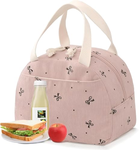 Image of SVH Corduroy Thermal Lunch Bag for Women & Kids | Large Capacity Insulated Lunch Tote with Front Pocket, Strong Handles & Zipper for Office, School, Picnic & Travel (Corduroy Bear Pink)