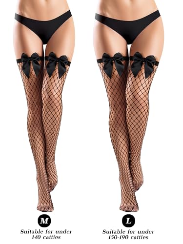 4 Pairs Fishnet Thigh High Stocking for Women Silicone Lace Top Sheer Silky over Knee High Stocking with Bows3