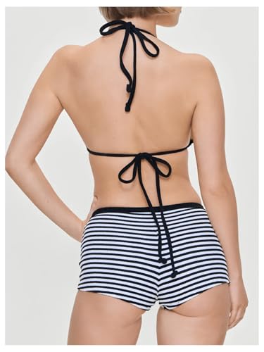 MakeMeChic Women's Striped Bikini Set Halter Triangle Tie Backless String Swimsuit with Boyshorts3