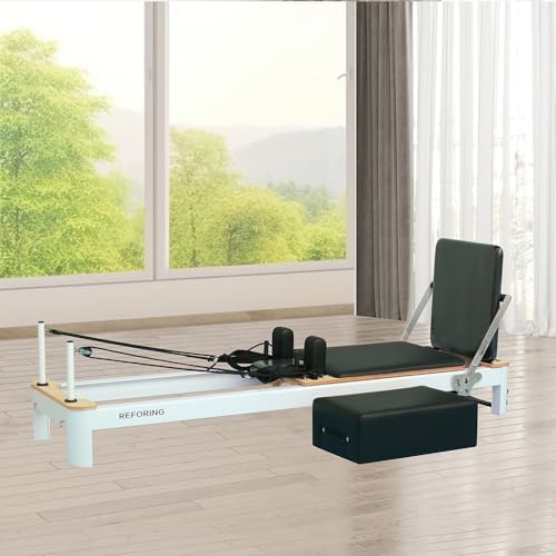 REFORING Pilates Reformer Machine for Home, Solid Pilates Reformers Equipment with Adjustable Rope Traction Operating System,Durable PU Leather and 304 Stainless Steel Slide Rail (L5 Aluminum Series)