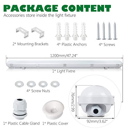 Brillihood LED Vapor Tight 4FT Light Fixture, 40W, 5000LM, IP65 Waterproof Shop Light, 6000K Bright White, Milky Lens, Outdoor Vapor Proof Lighting, 1-Pack