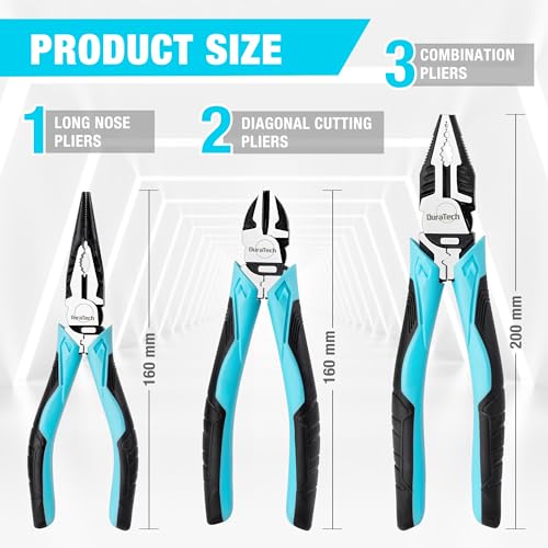DURATECH Tangen Set 3-delig Combinatietang 200 mm Punttang 160 mm Zijkniptang 160 mm Hoge Hefboomtangen Professionele Tangenset voor Doe-het-zelvers, Professionals, DIY, Reparatie - Afbeelding 3