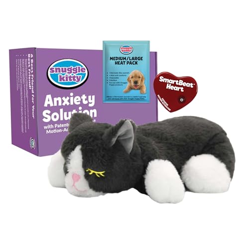 Snuggle Kitty Heartbeat Cat Toy for Kittens and Cats with Real-Feel Pulse and Heat Pack Calming Sleep Aid for Cat Anxiety New Kitten Essentials - Grey and White