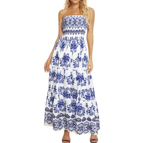 Image of Women's Summer Strapless Tube Top Maxi Dresses Off Shoulder Boho Beach Long Dress