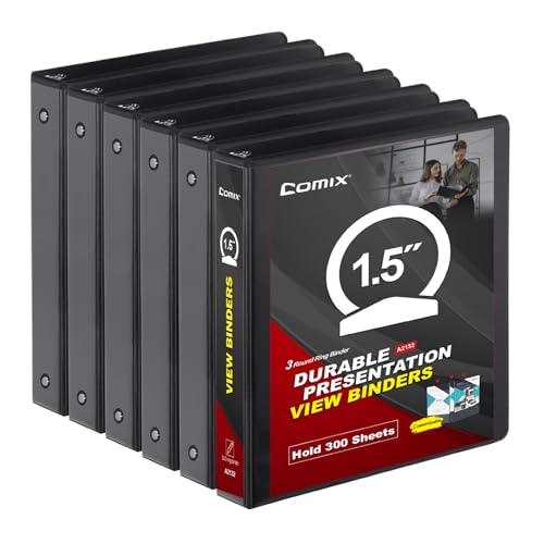 COMIX Sturdy 3 Ring Binder 1.5 inch with Clear View Cover 1-1/2 Round Ring View Binder PVC-Free 2.4mm-Thick 300 Sheets Capacity of US Letter Size Paper Office School Supplies 6 Pack (Black)