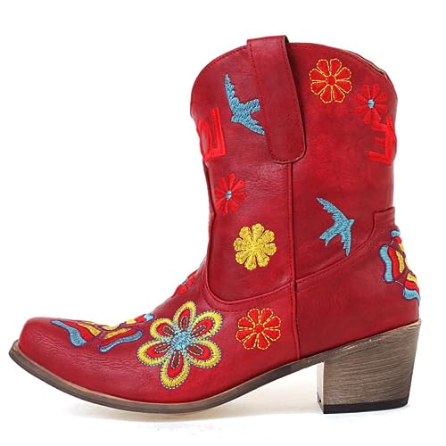 SACFOF Women Flower Embroidered Ankle Cowgirl Boots Square Toe Western Boots Chunky Chunky Mid Heel Short Boots3