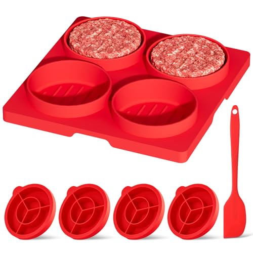 snuggery Silicone Hamburger Press Patty Maker with Adjustable Thickness 4-Cavity Burger Patty Maker Burger Mold with Lids and Scraper for Meal Prep Portion Control Freezer Prep Dishwasher Safe