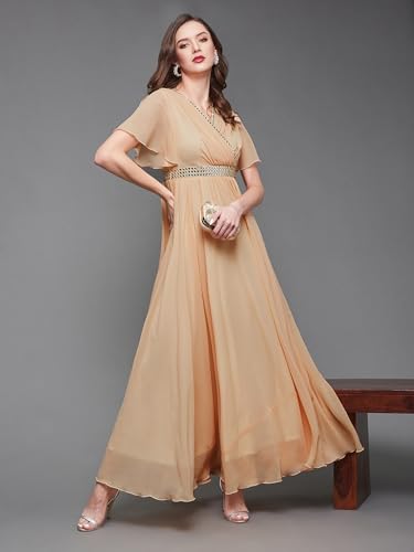 Image of Miss Chase Women's V-Neck Flared /Bell Sleeves Fit & Flare Maxi Dress