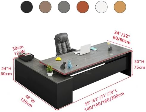 Modern L-Shape Office Desk with Wood Base, Executive Desk Boss Table, Computer Desk Home Office Furniture with Drawers and Storage Shelves (Gray, 63" L×24" W / 160×60cm)