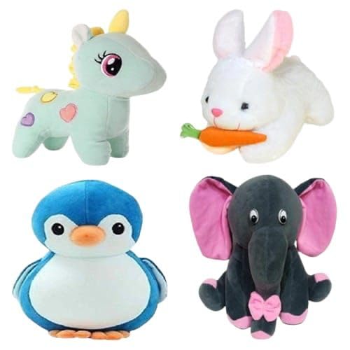 Image of Pack of 4 Elegant Soft Animals Stuffed Plush Fur Soft Toys Combo Set for Kids /Childrens /Boys /Girls Playing Birthday Gift Unicorn,Rabbit,Penguine,Elephant