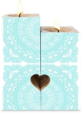 Boho Aqua Mandala Candle Holders Set, Wooden Tealight Candle Holder Gifts for Women, Vintage Floral Pattern Candlesticks Holder Decor for Wedding Dinning Party
