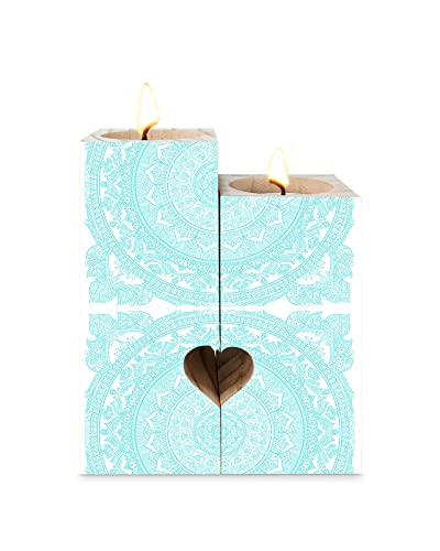 Boho Aqua Mandala Candle Holders Set, Wooden Tealight Candle Holder Gifts For Women, Vintage Floral Pattern Candlesticks Holder Decor For Wedding Dinning Party #TOP11