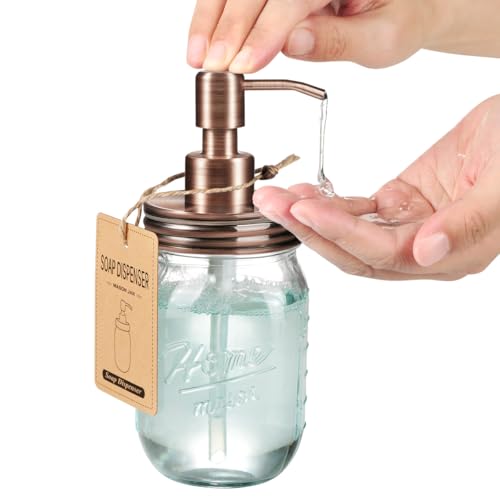 Image of Amolliar Mason Jar Liquid Soap Dispenser, Lotion Dispenser, Copper 2 Pack | 16OZ Glass Soap Dispenser, Stainless Steel Soap Pump Lid, Farmhouse Decor, Refillable Hand Dish Soap for Bathroom Kitchen