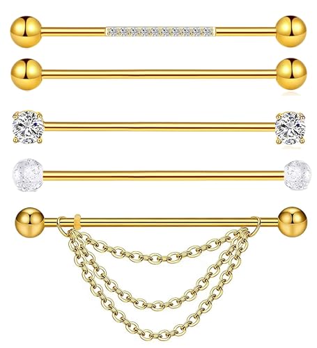 Suotarn Gold Industrial Piercing Jewelry 14G Surgical Steel Cubic Zircon Industrial Bar Cartilage Helix Piercing Industrial Barbell Earrings Body Piercing Jewelry for Women Men (gold)