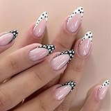 Floruvia Polka Dot French Press On Nägel Mittel Almond Fake Nails, Weiße Schwarze Französische Spitzen, Glänzende Acryl-Nägel, Full Cover Wiederverwendbare Klebenägel für Frauen, 24 Stück