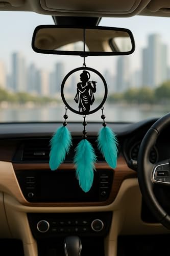 Image of Handmade Dream Catcher Car Ornament - Stylish Rear View Mirror Hanging Accessory - Elegant Car Interior Decoration - Good Luck & Positive Energy Charm (1, Krishna)