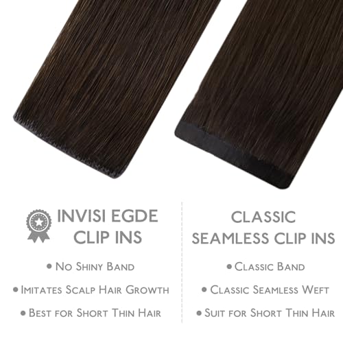 Image of WENNALIFE Invisible Edge Seamless Clip in Hair Extensions Real Human Hair | 24'' 160g 7pcs Light Dark Brown. Ultra-Thin PU Weft, Easy Clip On Extensions, Comfortable