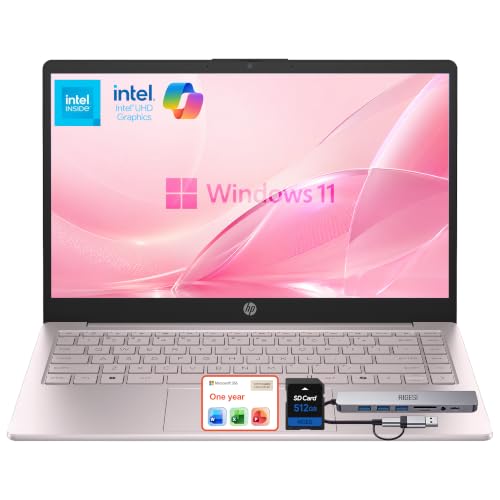 Image of HP 14 inch Laptop . Microsoft 365 Included . 4GB . 640GB Storage (128GB + 512GB SD) . HD Display . 12-Hour Battery . WiFi . Bluetooth . Windows 11 . Tranquil Pink . Dockingstation
