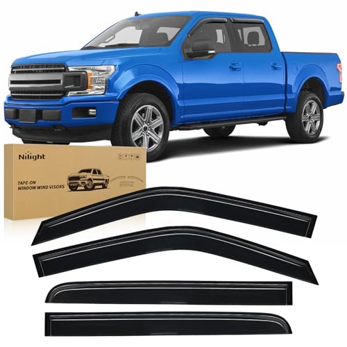 Image of Nilight Tape-On Window Visors for Ford F-150 SuperCrew 2015-2020, 4PCS | Fits 2015 2016 2017 2018 2019 2020 F-150, Smoke Rain Guards for Window Deflectors for Fresh Air in Rainy Weather