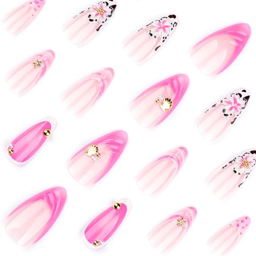 Image of Flower Press on Nails Pink French Tip Fake Nails Medium Almond Glue on Nails with Ocean Shell Design Glossy False Nail Artificial Acrylic Full Cover Summer Stick on Nail for Women Manicure 24Pcs