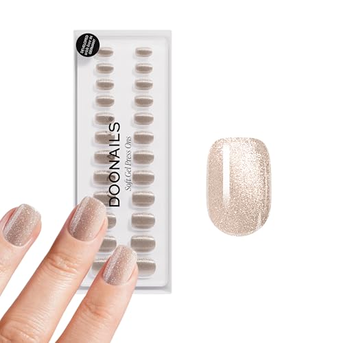 DOONAILS Soft Gel Press On Nails - 30 Pcs Kit with Stickers in 15 Sizes Champagne Metallic Extra Short Square Reusable Fake Nails Salon-Quality Finish Vegan & Cruelty-Free Uas Postizas