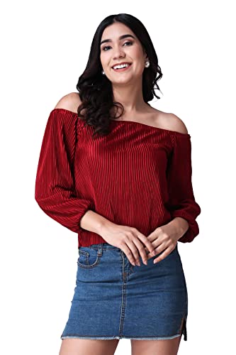 Image of POPWINGS Casual Wrinkle Off Shoulder Crop Top for Women - Designer Stylish Western Full Sleeves