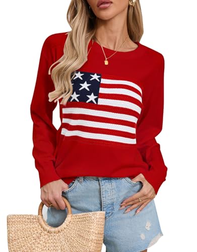 Alsol Lamesa Women's American Flag Sweater Soft Lightweight Long Sleeve Crew Neck Pullover Sweaters