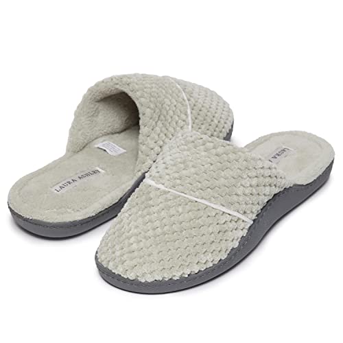Laura Ashley Womens Rugged Memory Foam Terry Cloth Spa Slippers, Soft Non Slip Rubber Bottom Closed Toe House Slider, Nickle, Large #TOP1