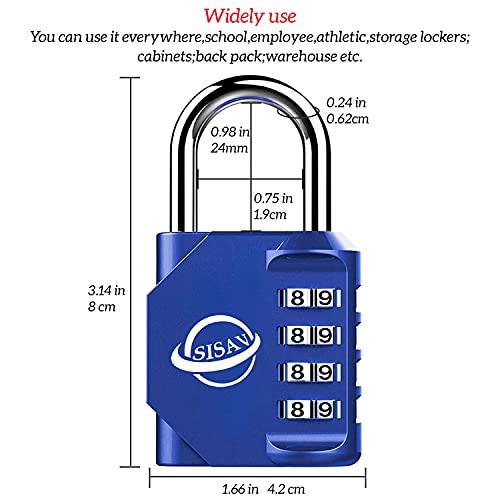 SISAV 4 Digit Combination Lock,Gym Padlock,Outdoor Combination Padlock,Suitable for School Lockers,Tool Boxes,Fences,Gate(Blue 2 Pack) - Image 2