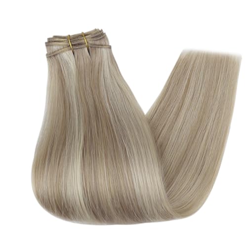 Image of Full Shine Sew In Hair Extensions Real Human Hair 12 Inch 80G Ash Blonde | Invisible Weft Extensions, Soft Straight Hair, color Ash Blonde Highlight Bleach blonde, Short Daily Wear, Women Looks