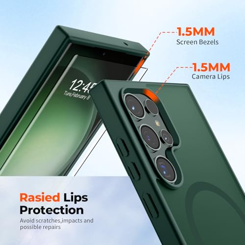 Image of SUPFINE Magnetic for Samsung Galaxy S23 Ultra Case with Screen Protector, (Built-in Magnets) (Military Grade Drop Protection) Slim Translucent Shockproof Phone Case,Forest Green
