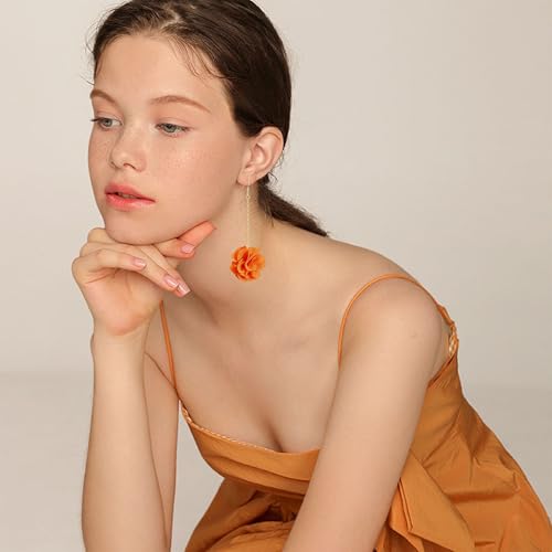 Chanaiqw Long Chain Tassel Fabric Flower Drop Earrings for Women, Orange by Chanaiqw - Used condition - Image 2