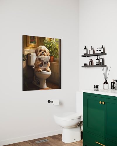 Image of Shih Tzu on Toilet Wall Art Print Canvas Wrapped, Dog Bathroom Humor Decor Posters Prints for Restroom Home Picture Painting Artwork Gallery 7 (Shih Tzu, 20 inchL x 16 inchW CANVAS, Wrapped Canvas)