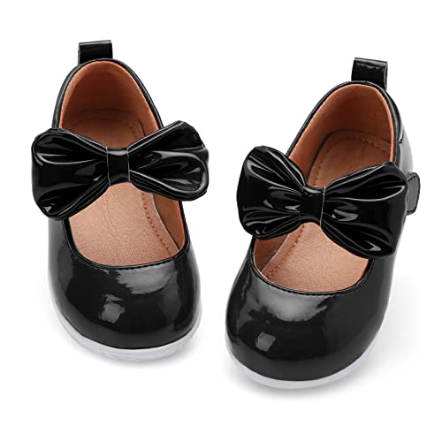FEETCITY Baby Girls Mary Jane Flats with Bowknot Ballet Slippers Toddler First Walking Infant Princess Wedding Party Dress Shoes 18-24 Months Glossy Black