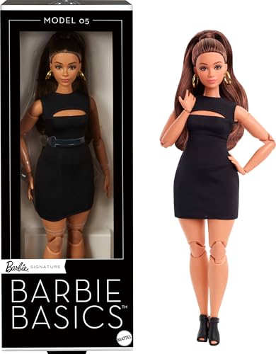 Barbie Basics Model 05 Collector Doll with Brunette Hair, Black Mini Dress & Heels, Universal-fit Fashions, Posable Curvy Body & Swappable Doll Head