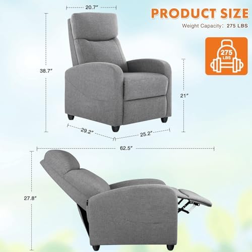 Image of Manual Massage Recliner Chair, Oversized Lazy Boy Reclining Couch Chair with Lumbar Heat & Adjustable Backrest, Single Recliner Sofa for Home Theater Seating, Living Room, Bedroom, Gray