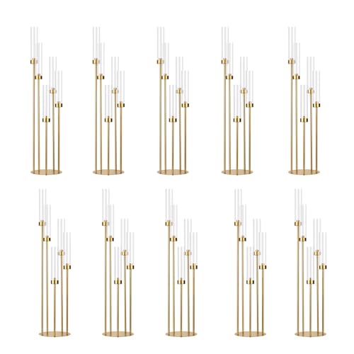 10PCS Gold Floor Candelabra 5 Arm Candle Holder Tall Floor Candle Holder with Acrylic Lampshade for Wedding Table Birthday Party Home Decoration Fit LED Taper Candles