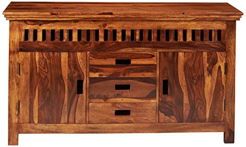 Image of SHIKHA WOOD CRAFT Solid Sheesham Wood Sideboard Cabinet with 2 Doors and 3 Drawers | Wooden Kitchen Cabinet, Crockery Unit, Dining Room Organizer, Living Room Storage Furniture (Kuber Natural Finish)
