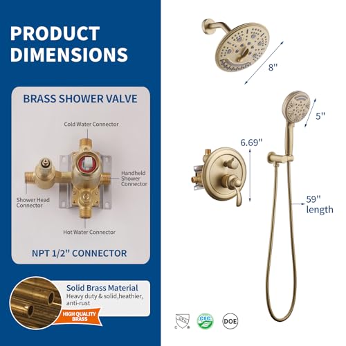 Cabezal de ducha con mano y manguera 2 en 1 6 modos oro cepillado miniatura 2