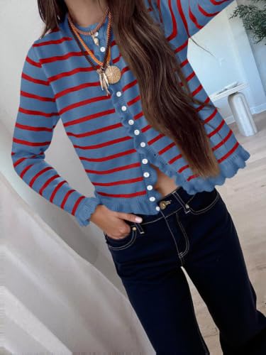 Image of Saodimallsu Womens Ruffle Cardigan Sweaters Button Up Crew Neck Long Sleeve Cropped Sweater Cute Soft Knit Tops