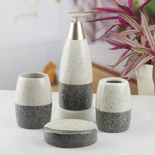 Image of SaSaSa Ceramic Bathroom Accessories Set of 4 Modern Bath Set with Soap Dispenser & Toothbrush Holder, Luxury Home & Gift Idea, Grey (10480)
