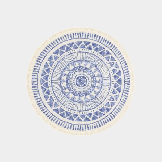 Tapis rond en coton blanc à franges - Aztèque - Motifs bleu - Rond Ø 150 cm
