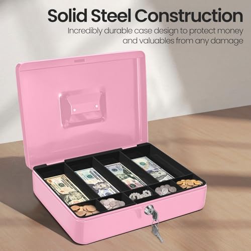 Flexzion Cash Box with Money Tray and Lock - Metal Cash Box for Small Businesses, 9-Compartment Pink Money Box with Removable Tray and Key, Portable Storage for Checks and Coins - Thumbnail 4